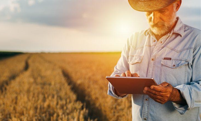 homem usando tablet na fazenda